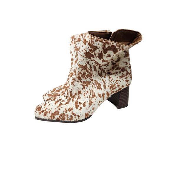 INC 11 Brown Spotted Cow Print Calf Hair Square Toe Western Boot Boho Chunky - Picture 4 of 5